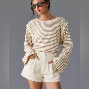 Anthropologie Maeve Women's Slouchy Striped Long Sleeve Shirt Cream Tan Medium